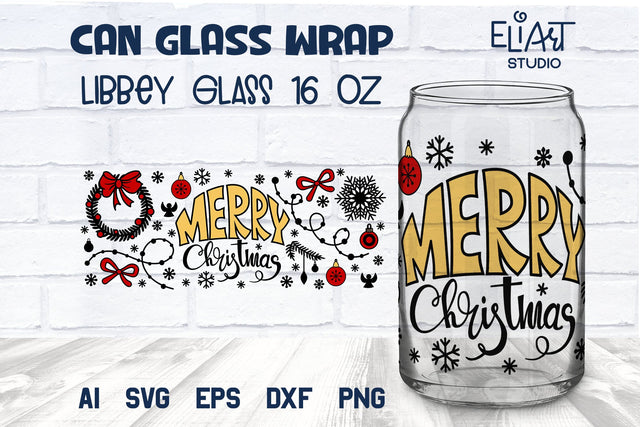 Merry Christmas Can Wrap SVG, Libbey SVG Can Glass, 16 OZ Libbey Glass Christmas Vinyl Design. SVG Elinorka 