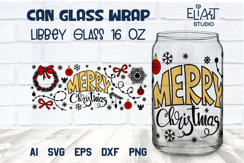 Merry Christmas Can Wrap SVG, Libbey SVG Can Glass, 16 OZ Libbey Glass Christmas Vinyl Design. SVG Elinorka 