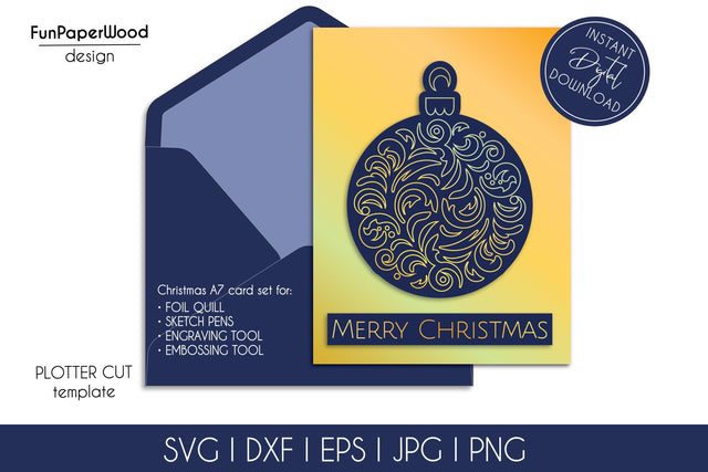 Merry Christmas card foil quill svg dxf eps template, papercut template Christmas card with gold foil SVG FunPaperWood 