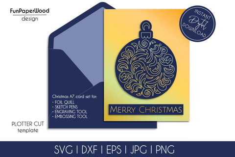 Merry Christmas card foil quill svg dxf eps template, papercut template Christmas card with gold foil SVG FunPaperWood 