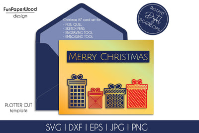 Merry Christmas card foil quill svg dxf eps template, papercut template Christmas card with gold foil SVG FunPaperWood 