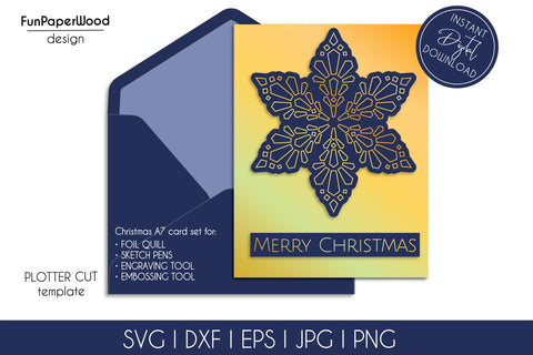 Merry Christmas card foil quill svg dxf eps template, papercut template gold foil card SVG FunPaperWood 
