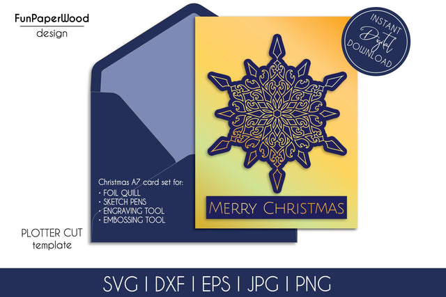 Merry Christmas card foil quill svg dxf eps template, papercut template gold foil card SVG FunPaperWood 