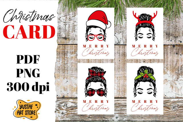 Merry Christmas card template. Christmas Messy bun Sublimation Yustaf Art Store 