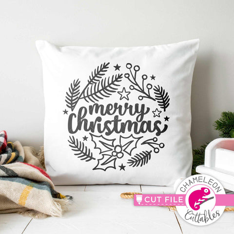 Merry Christmas circle with seasonal drawings round svg png dxf SVG Chameleon Cuttables 