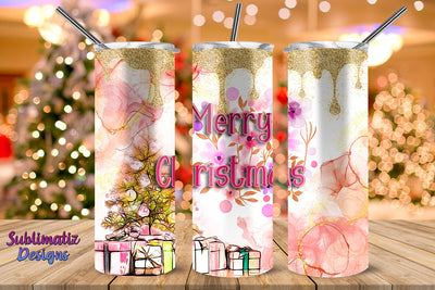 Merry Christmas Gold Glitter and Pink Design Skinny Tumbler Wrap Sublimation Sublimatiz Designs 