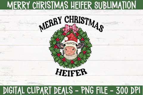 Merry Christmas, Heifer Sublimation - Christmas Sublimation Design - Cute Heifer PNG Sublimation Digital Clipart Deals 