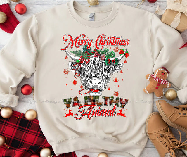 Merry Christmas Highland Cow Heifer Sublimation Design Download Sublimation ToriDesigns 