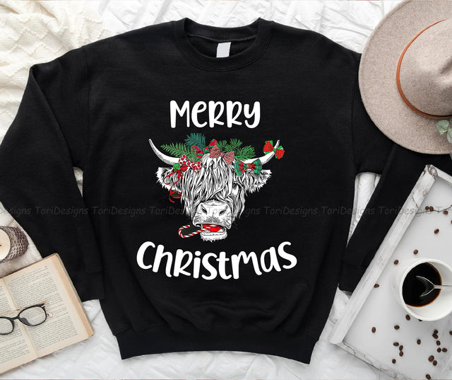 Merry Christmas Highland Cow PNG Sublimation Design Sublimation ToriDesigns 