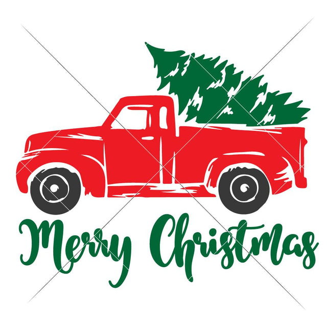 Merry Christmas little red Truck with Tree SVG Chameleon Cuttables 