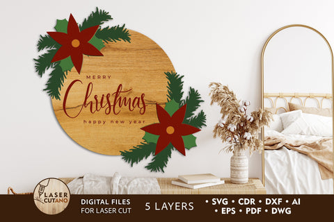 MERRY CHRISTMAS Multilayer Laser Cut Files, Mandala, Round Sign SVG, 3D Designs SVG LaserCutano 