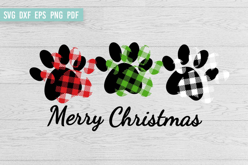 Merry Christmas with Paw Prints | Buffalo plaid SVG - So Fontsy