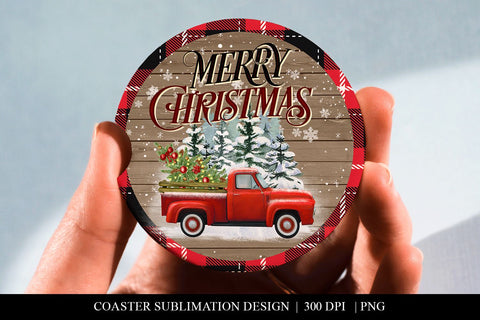 Merry Christmas Pick Up Truck Car Coaster Sublimation PNG Sublimation BijouBay 