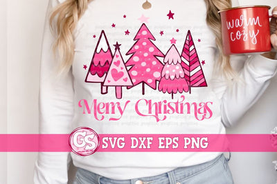 Merry Christmas Pink Christmas Trees SVG DXF EPS PNG SVG Greedy Stitches 