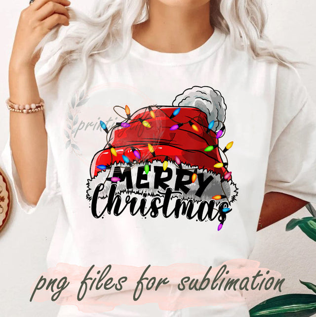 Merry Christmas Png, Santa Claus Hat Design Png, Christmas Lights Png, Christmas Sublimation Png, Hat Christmas Lights Png, Digital Download Sublimation PrintingLife 