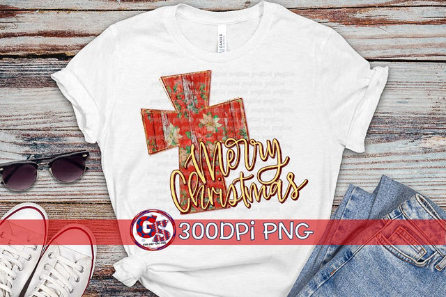 Merry Christmas Poinsettia Cross PNG for Sublimation Sublimation Greedy Stitches 