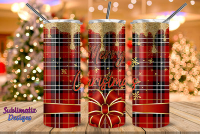 Merry Christmas Red Plaid & Gold Glitter Skinny Tumbler Wrap Sublimation Sublimatiz Designs 