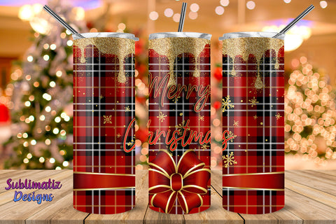 Merry Christmas Red Plaid & Gold Glitter Skinny Tumbler Wrap Sublimation Sublimatiz Designs 