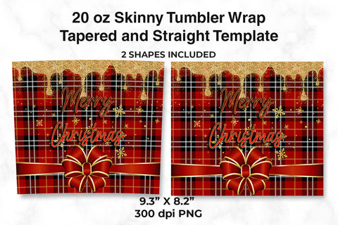 Merry Christmas Red Plaid & Gold Glitter Skinny Tumbler Wrap Sublimation Sublimatiz Designs 