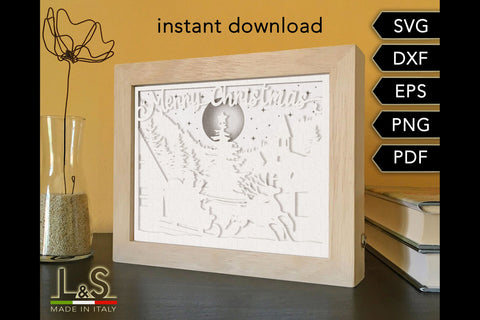 Merry Christmas Shadowbox SVG | 3D Light Box Template 3D Paper Lights & Silhouettes 