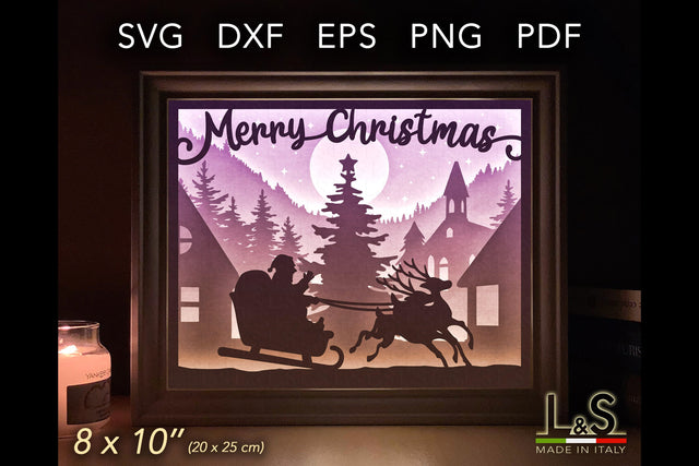 Merry Christmas Shadowbox SVG | 3D Light Box Template 3D Paper Lights & Silhouettes 
