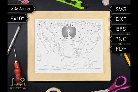 Merry Christmas Shadowbox SVG | 3D Light Box Template 3D Paper Lights & Silhouettes 