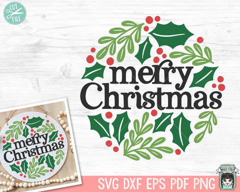 Merry Christmas Sign SVG file, Merry Christmas cut file, Christmas Decor svg, Laurel leaves, Round Sign, hand lettered christmas svg file SVG Wild Pilot 