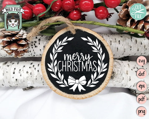 Merry Christmas Sign SVG File, Merry Christmas Cut File, Christmas Decor SVG, Laurel Leaves Sign SVG Cut File, Round Sign SVG, Hand Lettered Christmas SVG, Bow SVG SVG Wild Pilot 