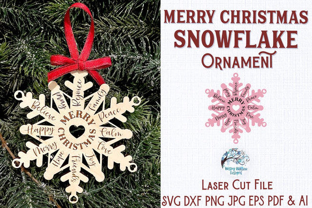 Merry Christmas Snowflake Ornament File for Glowforge or Laser Cutter SVG Wispy Willow Designs 