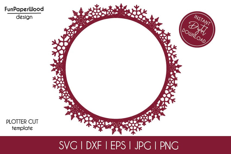 Merry Christmas Snowflake Wreath SVG DXF EPS PNG JPG cut file for plotter Cricut Silhouette laser cut machine SVG FunPaperWood 
