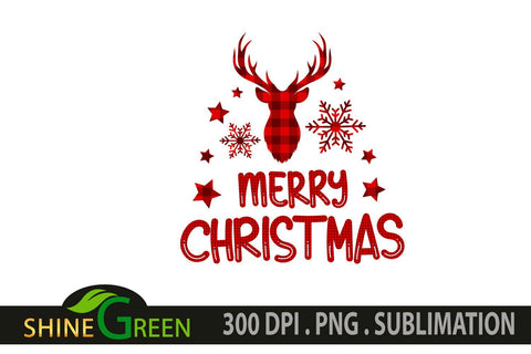 Merry Christmas Sublimation Buffalo Plaid Reindeer Snowflakes PNG Sublimation Shine Green Art 