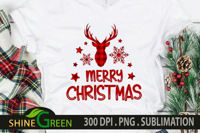 Merry Christmas Sublimation Buffalo Plaid Reindeer Snowflakes PNG Sublimation Shine Green Art 