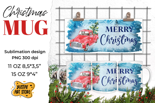 Merry Christmas sublimation mug. Watercolor Red truck PNG Sublimation Yustaf Art Store 