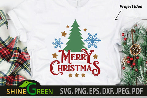 Merry Christmas SVG Cut File with Christmas Tree, Snowflakes SVG Shine Green Art 