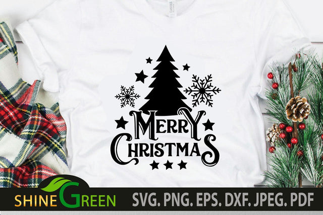 Merry Christmas SVG Cut File with Christmas Tree, Snowflakes SVG Shine Green Art 