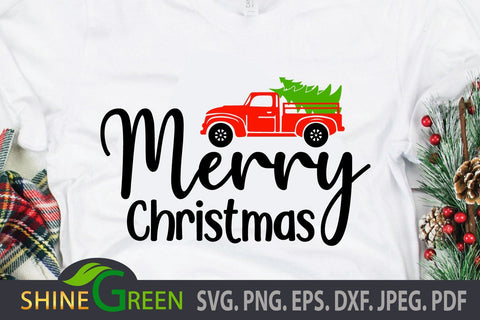 Merry Christmas SVG Cut File with Red Truck, X-Mas Tree DXF EPS SVG Shine Green Art 