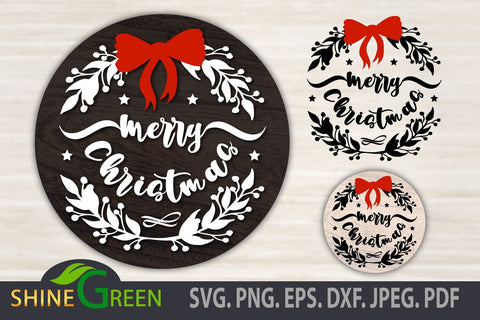 Merry Christmas SVG Floral Round Ornament with Red Bow Tie SVG Shine Green Art 