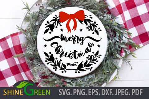 Merry Christmas SVG Floral Round Ornament with Red Bow Tie SVG Shine Green Art 