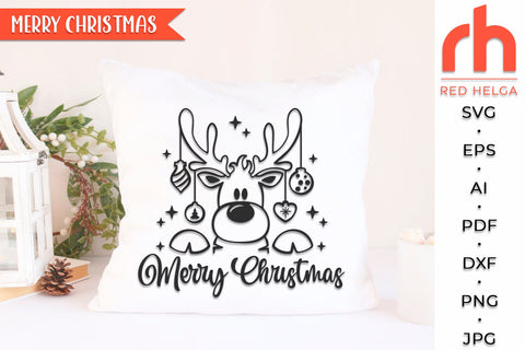 Merry Christmas SVG, Reindeer with Baubles DXF, Christmas Scene Cut File, Xmas Window Decor, Holiday Design Vector, Winter Theme, Deer Outline SVG RedHelgaArt 