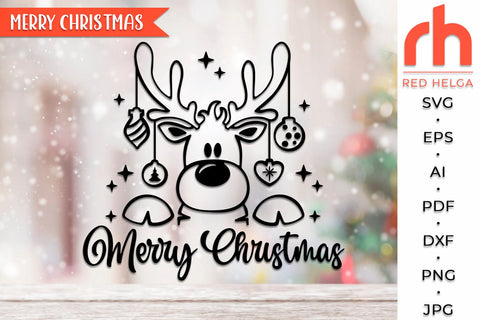 Merry Christmas SVG, Reindeer with Baubles DXF, Christmas Scene Cut File, Xmas Window Decor, Holiday Design Vector, Winter Theme, Deer Outline SVG RedHelgaArt 