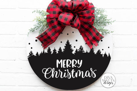 Merry Christmas SVG | Tree & Snow Silhouette Round Sign Design SVG Diva Watts Designs 