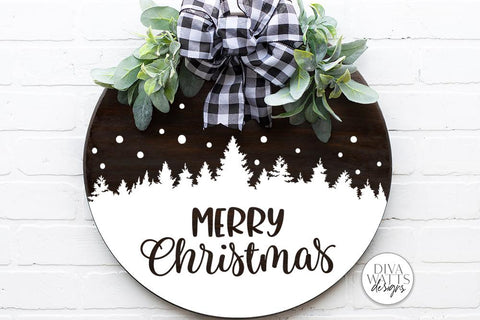 Merry Christmas SVG | Tree & Snow Silhouette Round Sign Design SVG Diva Watts Designs 