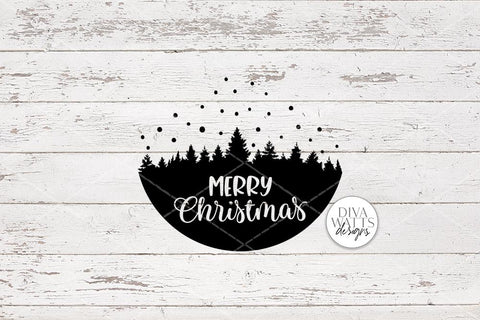Merry Christmas SVG | Tree & Snow Silhouette Round Sign Design SVG Diva Watts Designs 
