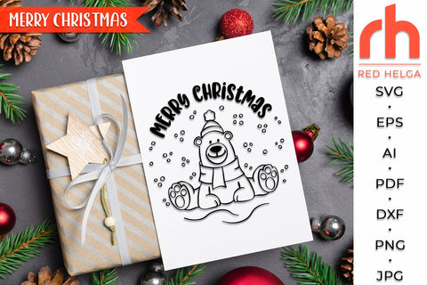 Merry Christmas SVG, Xmas Bear DXF, Christmas Scene Cut File, Xmas Window Decor, Holiday Design Vector, Winter Theme, Polar Bear Outline SVG RedHelgaArt 