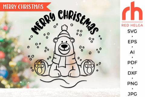 Merry Christmas SVG, Xmas Bear DXF, Christmas Scene Cut File, Xmas Window Decor, Holiday Design Vector, Winter Theme, Polar Bear Outline SVG RedHelgaArt 