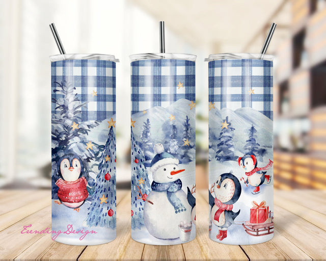 Merry Christmas Tumbler Wrap Design | Christmas Plaid Penguin Wrap PNG | Christmas Gift Idea | 20oz Skinny Tumbler | Waterslide PNG Sublimation TrendingDesign 