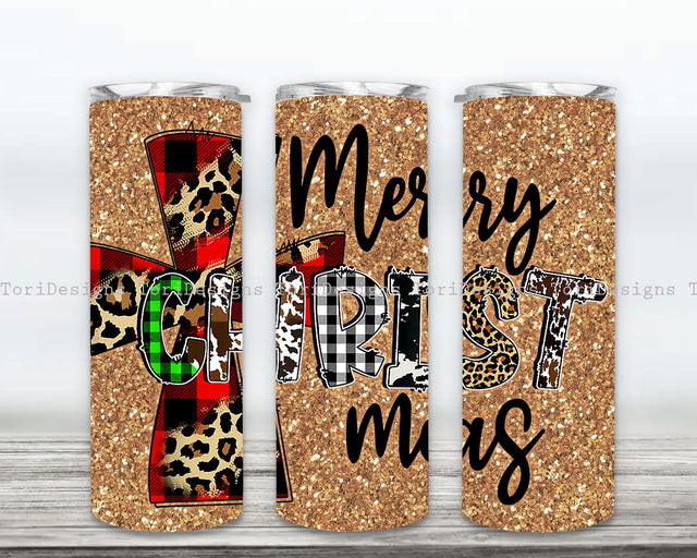 Merry Christmas Tumbler Wrap PNG, Leopard Gold Glitter Christmas Trees Seamless 20 oz Skinny Tumbler Sublimation Design Sublimation ToriDesigns 