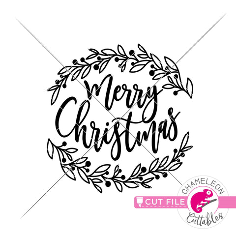 Merry Christmas with branches round circle svg png dxf SVG Chameleon Cuttables 
