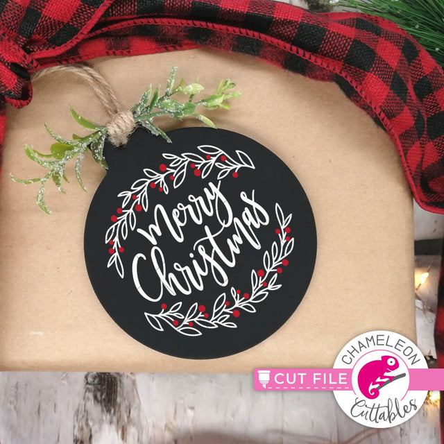 Merry Christmas with branches round circle svg png dxf SVG Chameleon Cuttables 