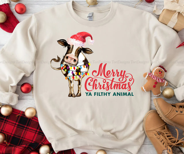 Merry Christmas Ya Filthy Animals Cow With Christmas Lights Sublimation File Sublimation ToriDesigns 